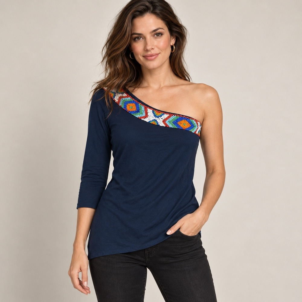 Boston Proper Navy Blue One Shoulder Beaded Neckline Top Long Sleeve Size S
